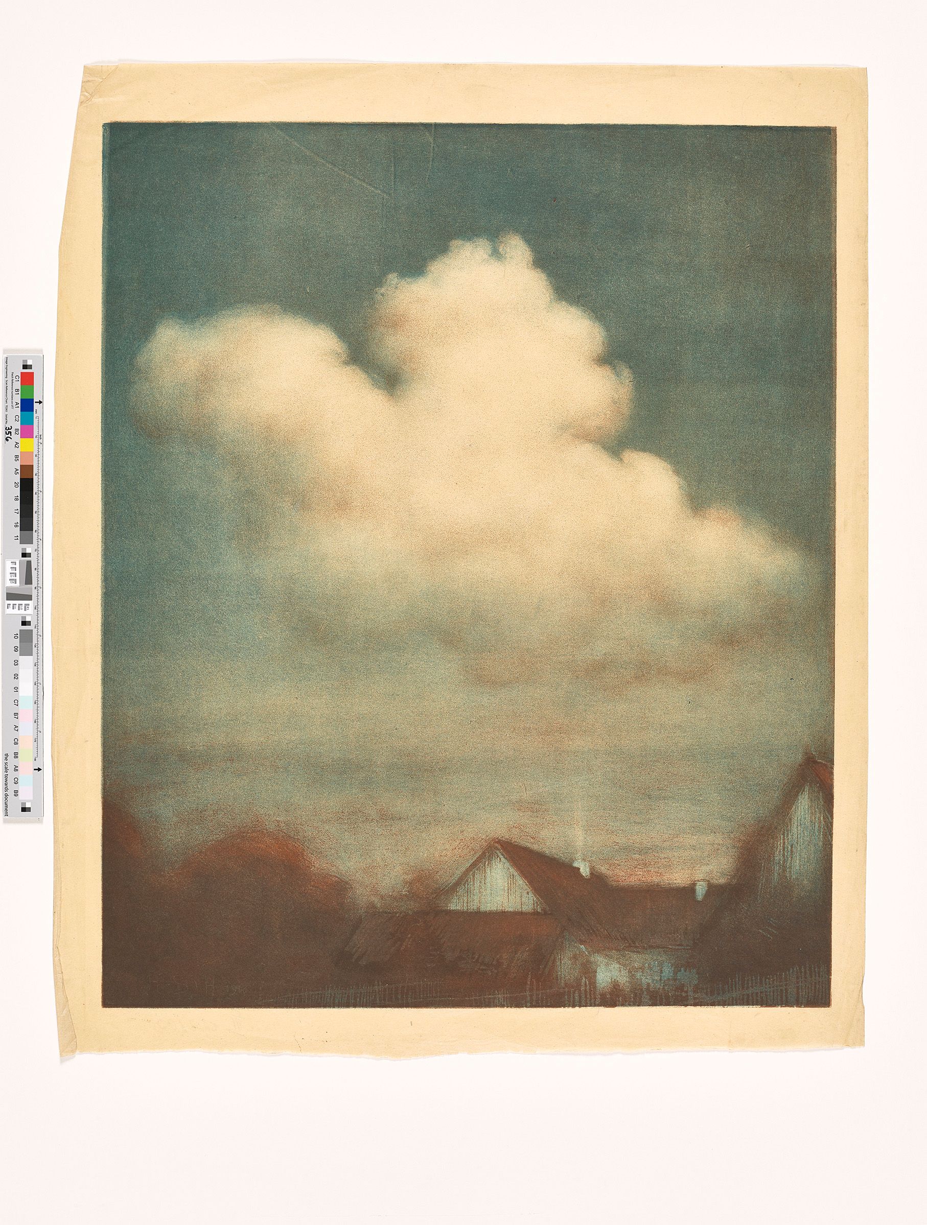 Gemälde. Im unteren Teil des Bildes sind Hausdächer abgebildet. Über diesen steht eine große weiße Wolke, die den größten Teil des Gemäldes einnimmt.  