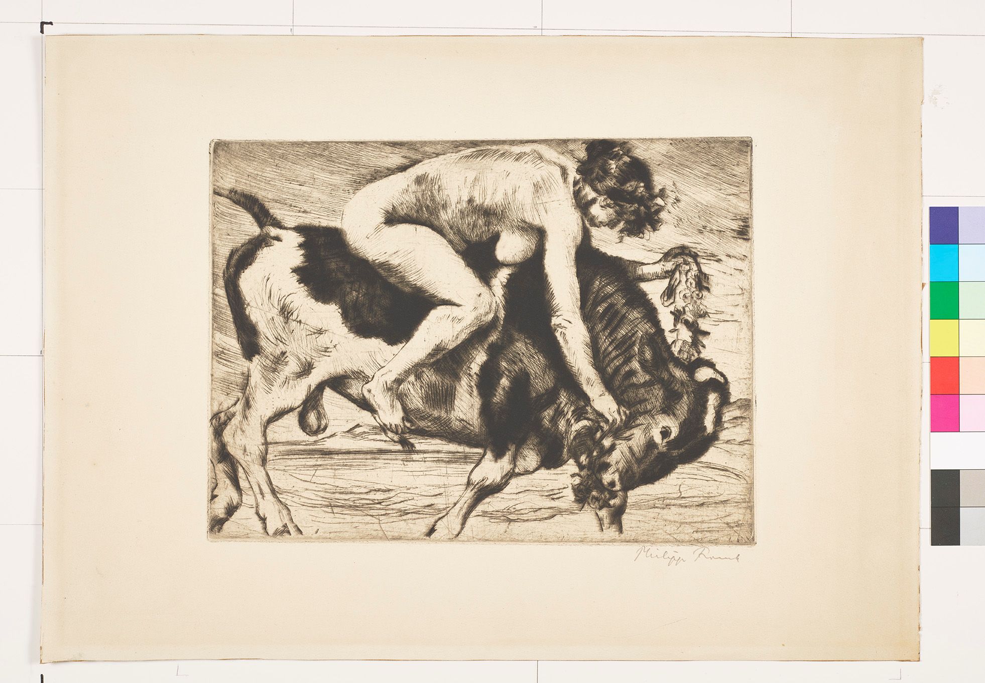 Radierung einer nackten Frau auf einem dynamischen Stier.