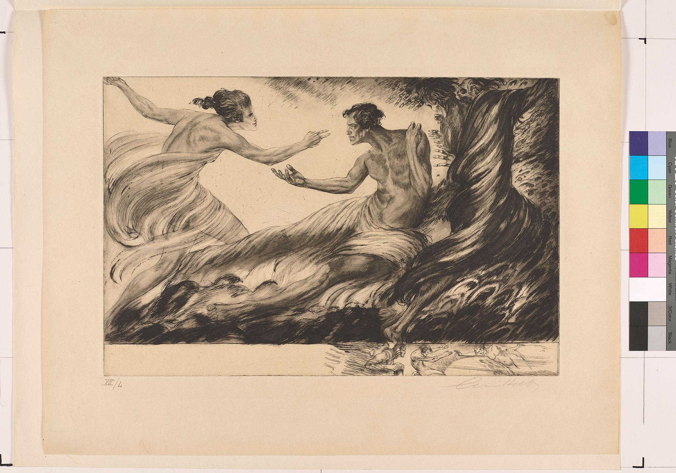 In einer Visualisierung eines Abschnitts von Richard Strauß' "Tod und Verklärung" streckt der Kranke (Mitte) seine Hand einer Frau in einem wehenden Gewand entgegen (links).) In einem dunklen Wirbel, aus dem Hände und Beine herausstaken (rechts), verlässt seine Seel seinen Körper im Moderato des Stücks.