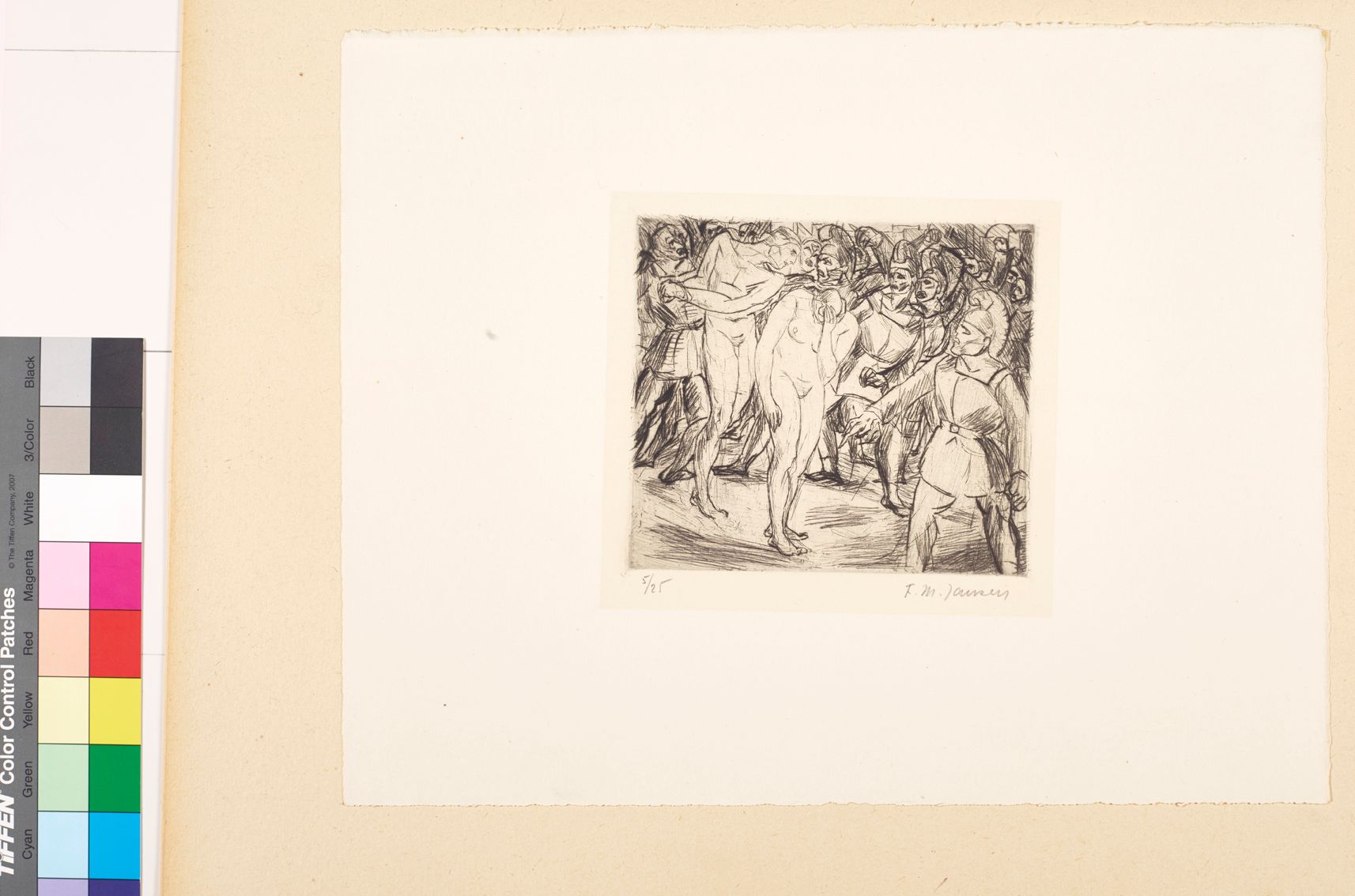 Zeichnung. Mann und Frau werden nackt von Soldaten durch die Straßen geführt. 