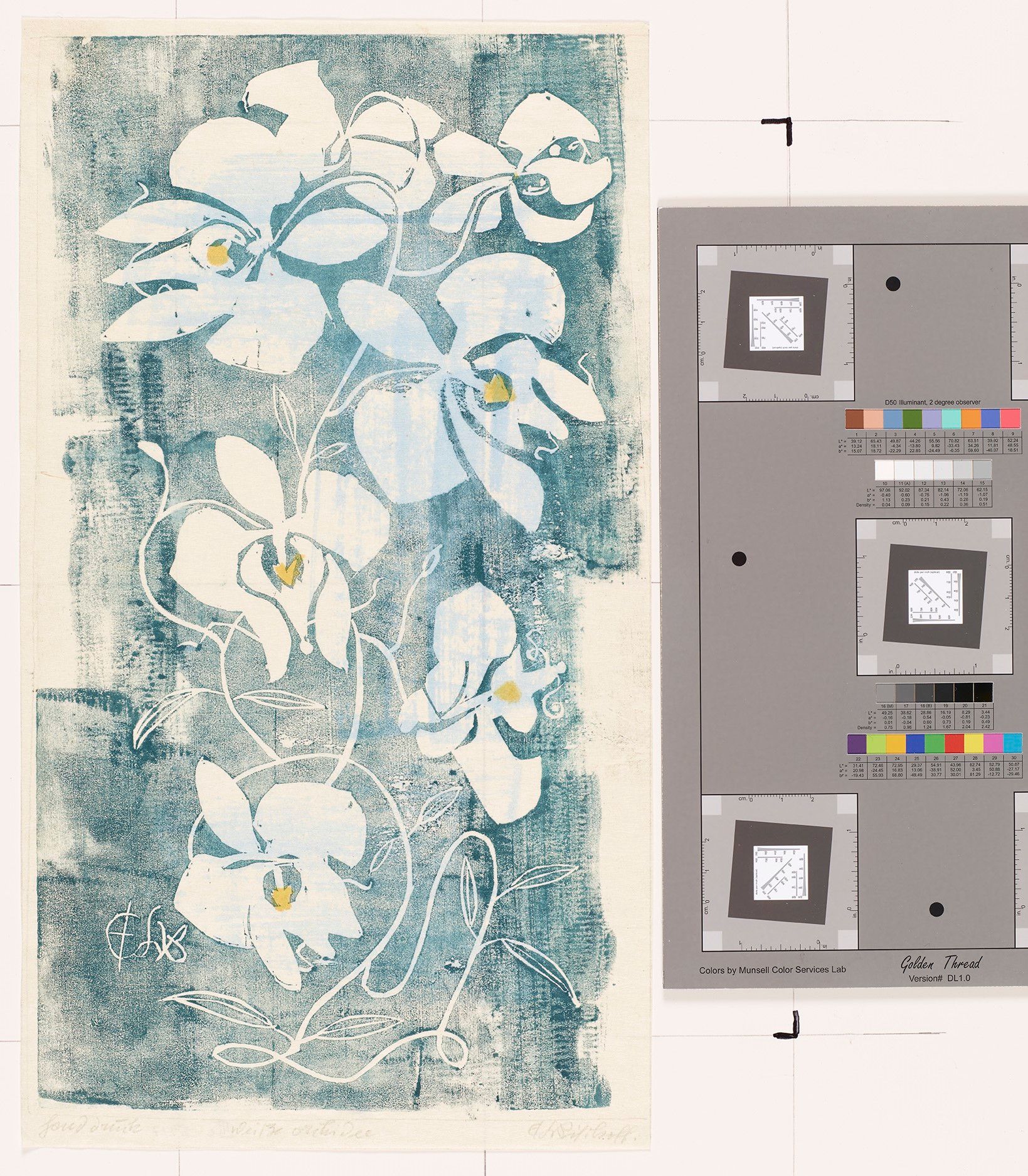 Abstraktes Bildmotiv von weißen Orchideen auf blauem Untergrund. 