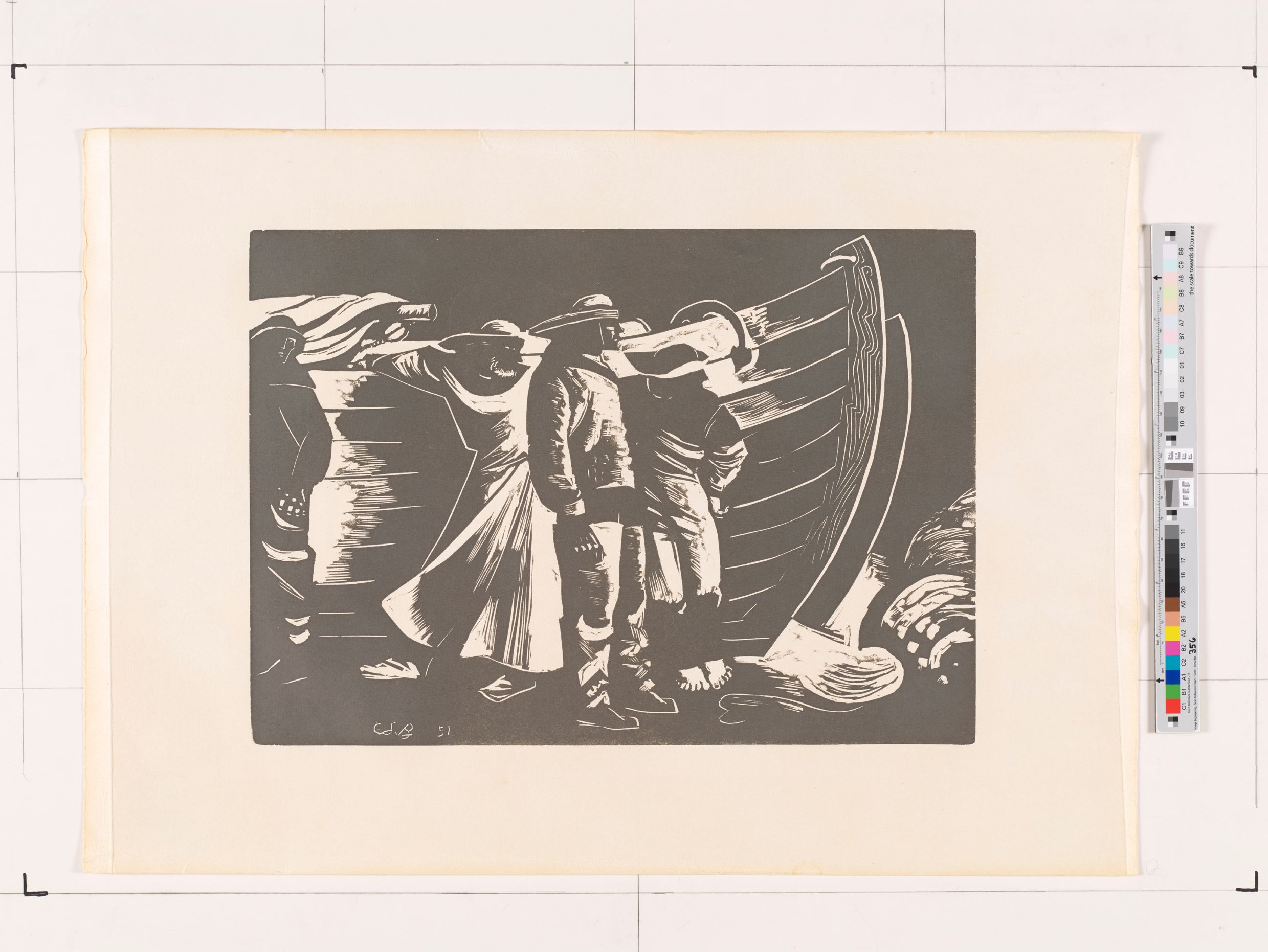 Abstraktes Bildmotiv von einem Schiff mit vier Männern, die es versuchen zu schieben.