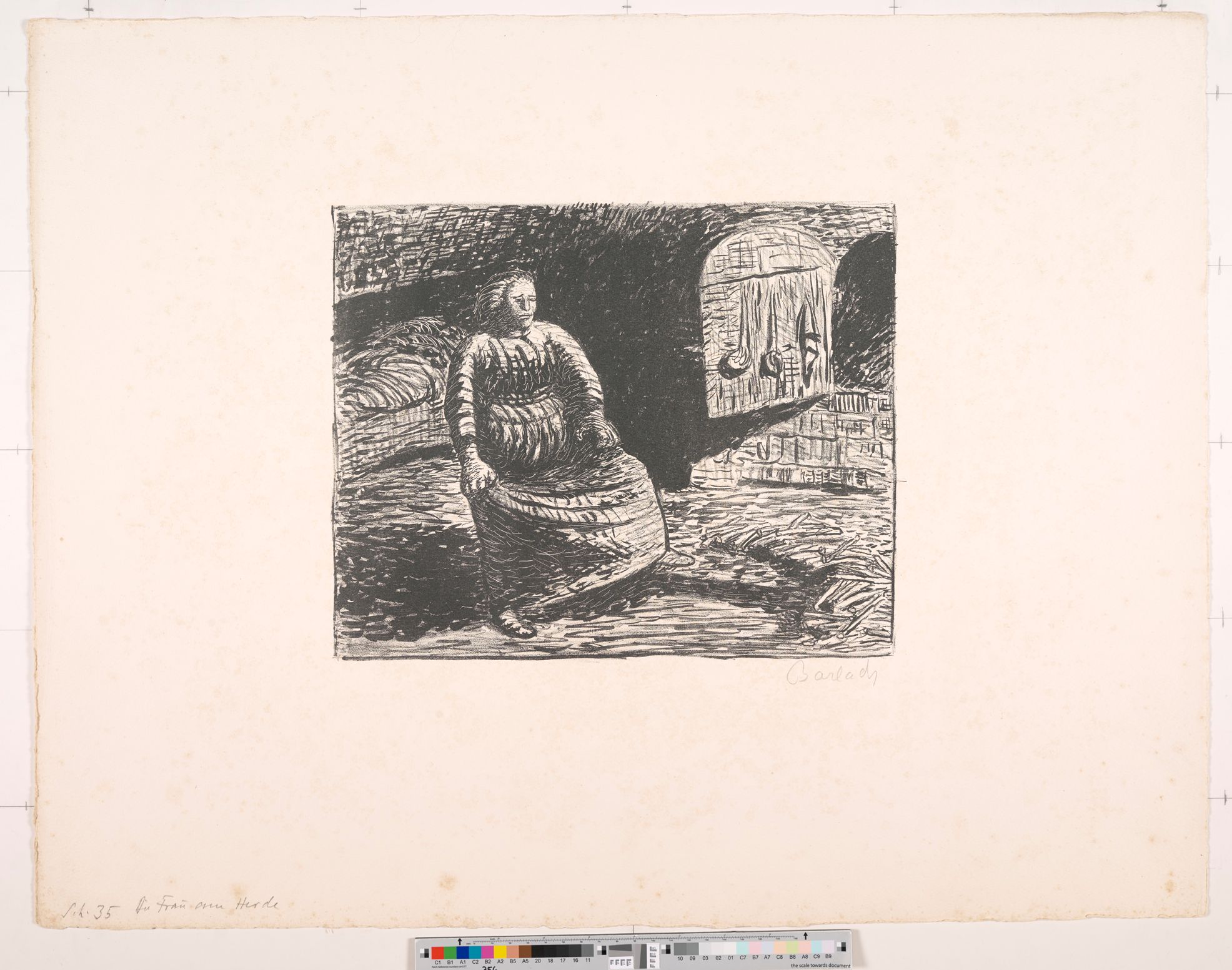 Zeichnung. Sitzende Frau in einer Küche.