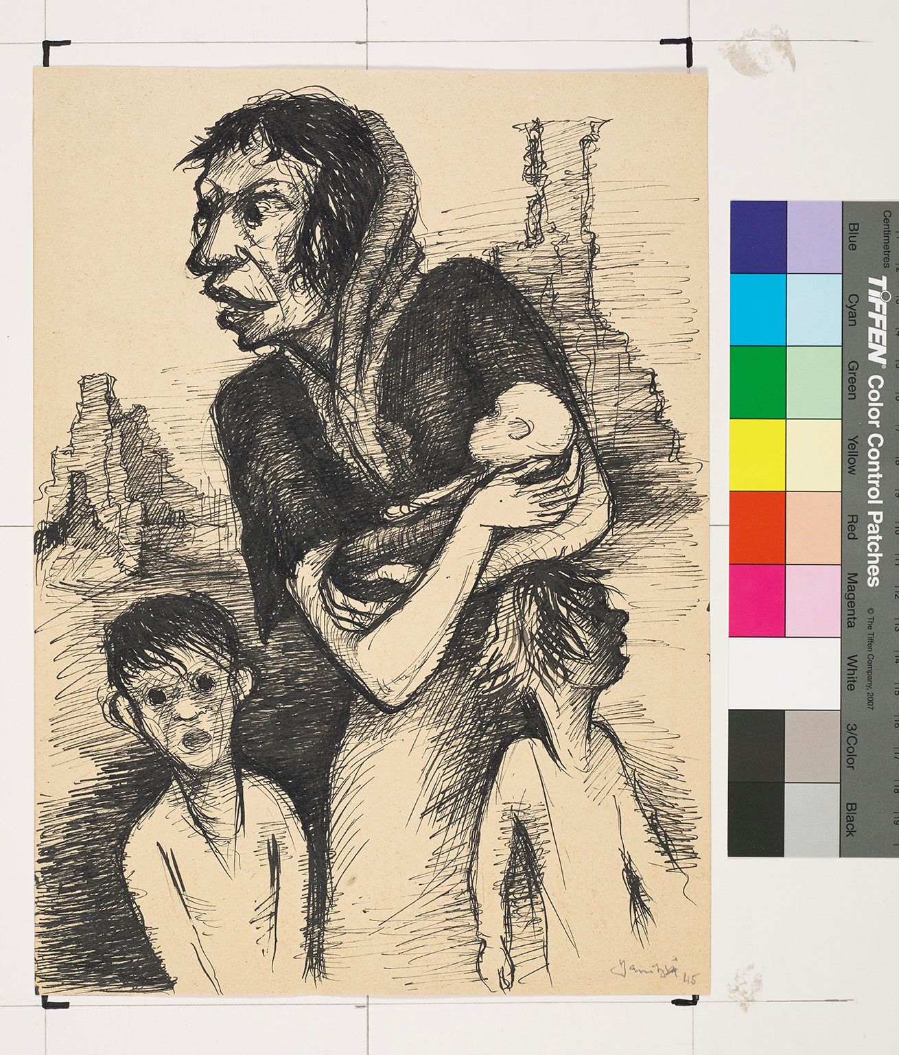 Skizze einer Mutter. Sie trägt ein Baby im Arm und schaut nach links. Vor ihr stehen zwei weitere Kinder. Alle sehen sehr panisch aus.