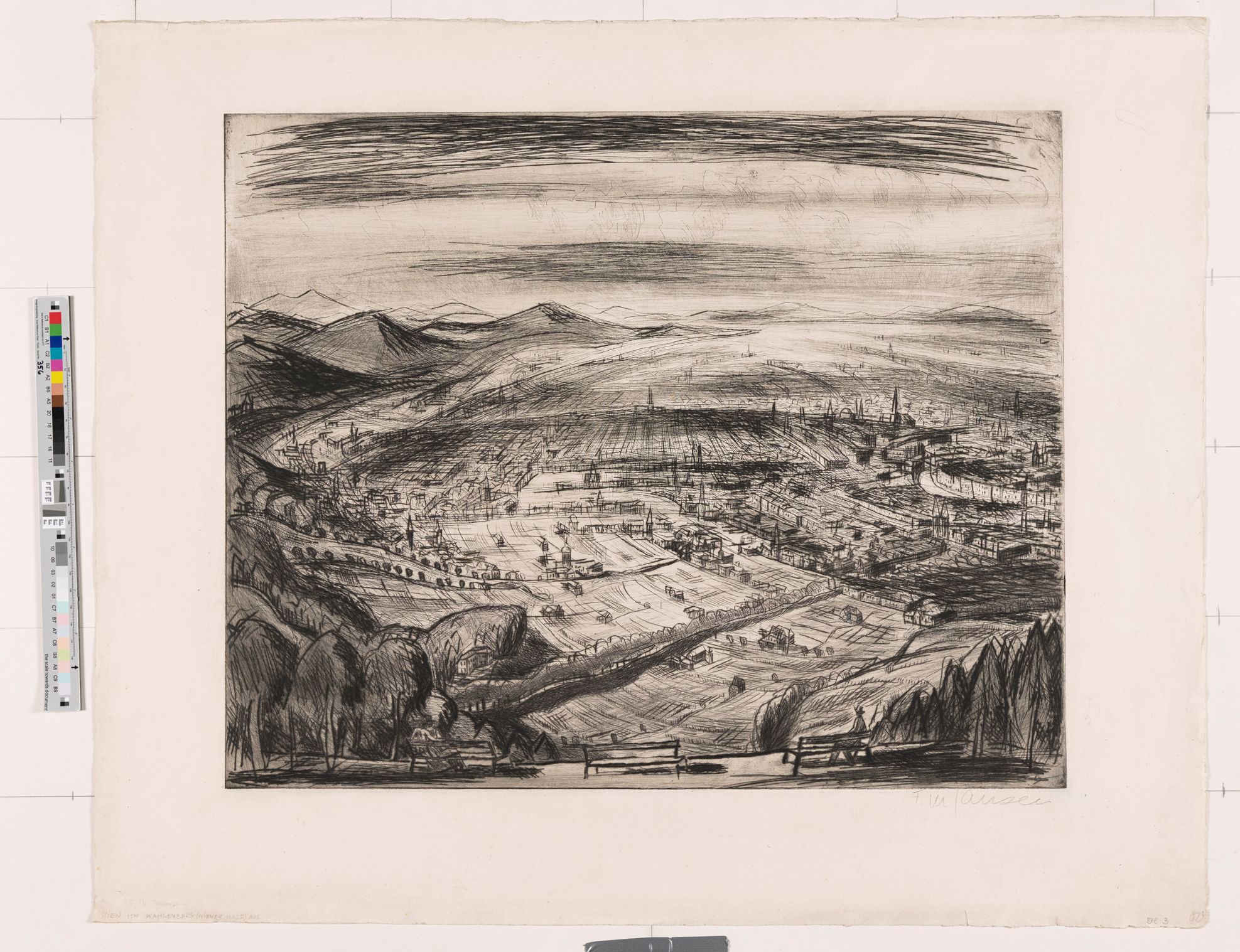 Zeichnung. Stadtlandschaft mit Feldern und Bergen im Hintergrund. 