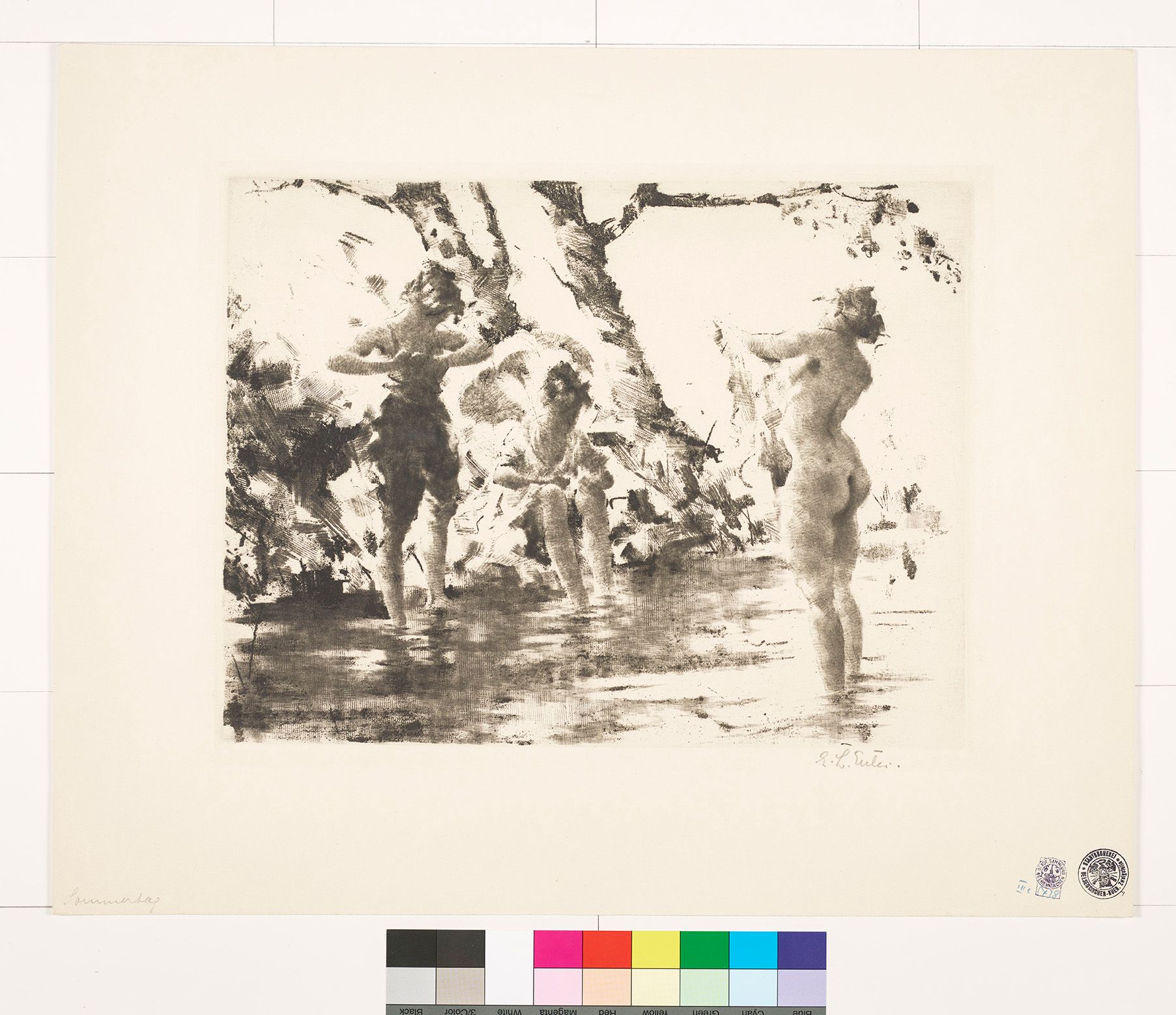 Bildszene Unscharf. Drei Personen am See. Die linke Person ist nackt.