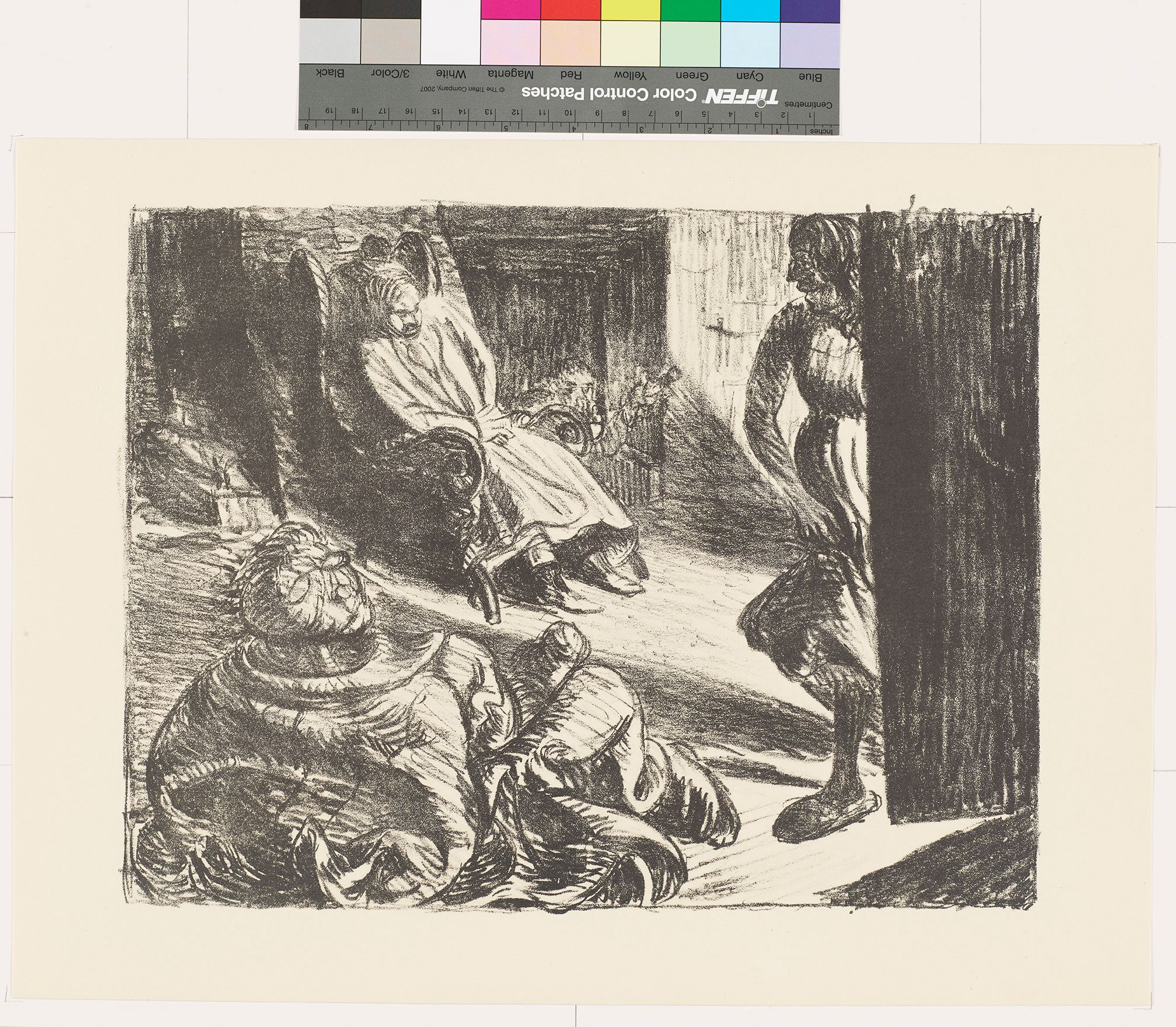 Skizze. Zwei alte Personen sitzen in Sesseln. Auf der rechten Seite steht eine Frau an einer offenen Tür.