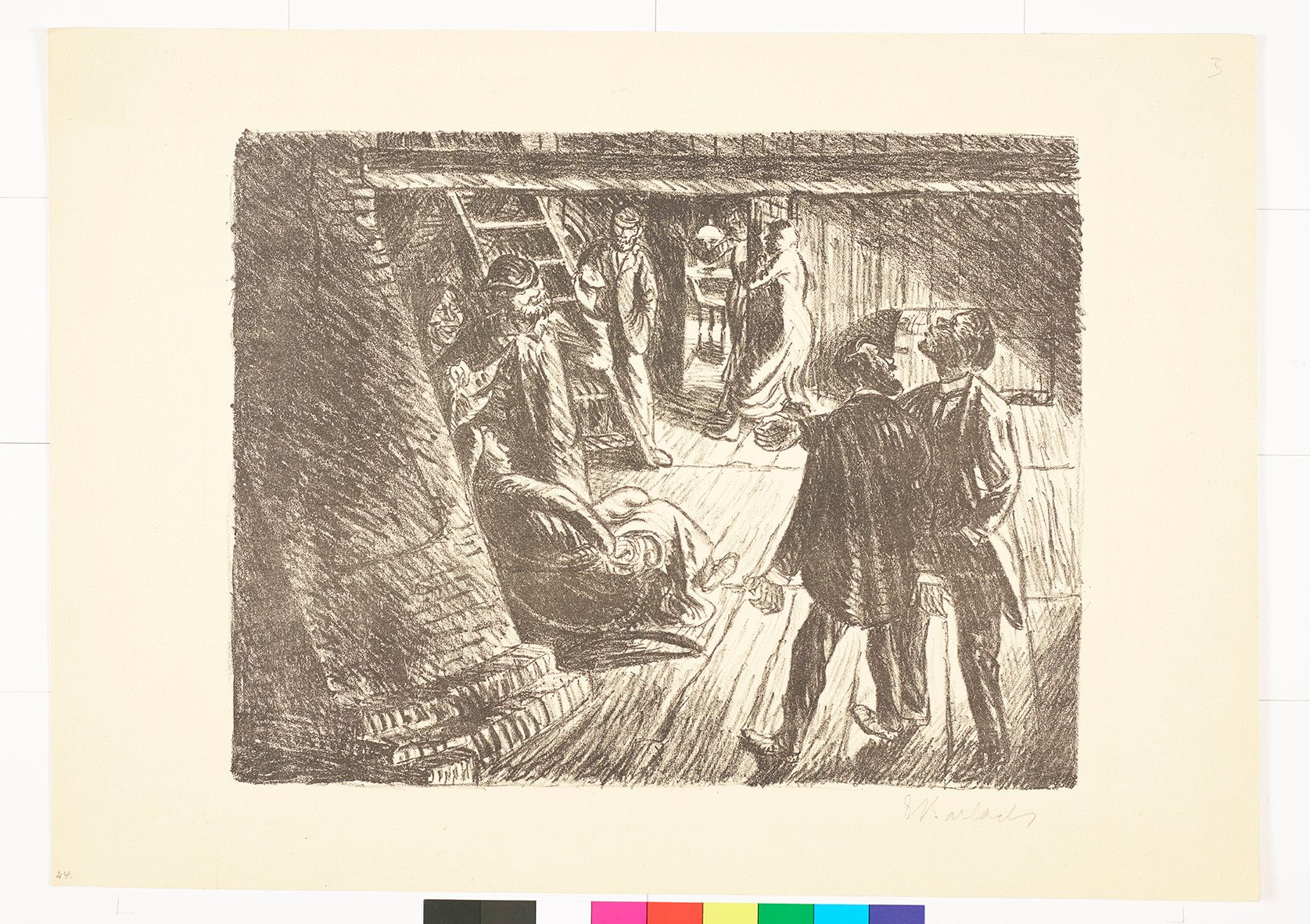 Skizze von mehreren Menschen in einem Raum. Links am Boden sitzt eine Frau. Oben in der Mitte des Bildes ist ein Verhörraum.