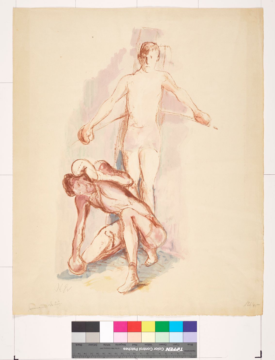 Abstrakte Zeichnung. Ein Mann knieender Mann am Boden mit Boxhandschuhen. Hinter ihm steht ein Mann in der Ecke und hält sich an Seilen fest.