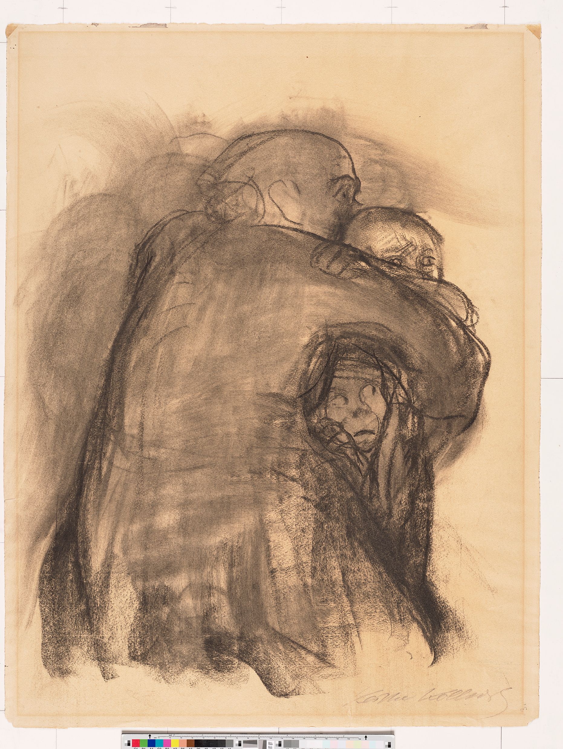 Eine Frau in Rückenansicht hält schützend zwei Kinder umfasst. Alle drei blicken mit ängstlichem Ausdruck nach rechts