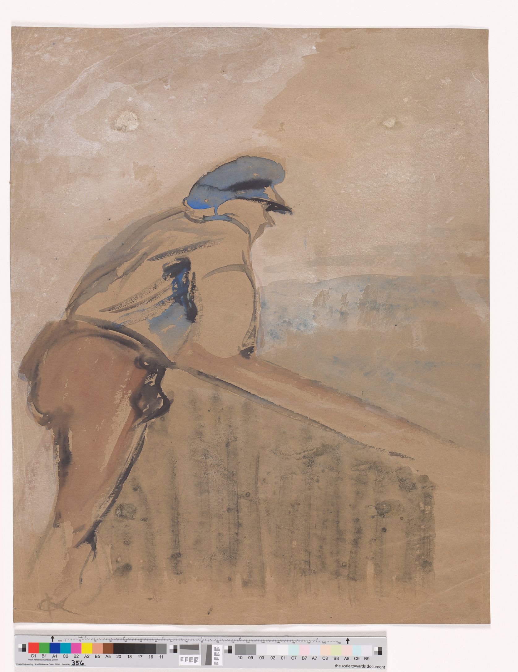 Ein Mann mit einer blauen Schirmmütze stützt sich mit den Ellenbogen auf ein Geländer und blickt nach rechts. Die Landschaft um ihn herum ist auf dem braunen Untergrund durch milchig weiße und blaue Akzente nur angedeutet.