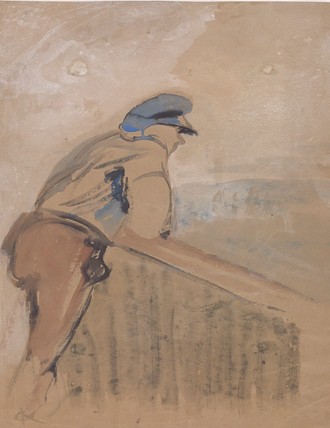 Ein Mann mit einer blauen Schirmmütze stützt sich mit den Ellenbogen auf ein Geländer und blickt nach rechts. Die Landschaft um ihn herum ist auf dem braunen Untergrund durch milchig weiße und blaue Akzente nur angedeutet.