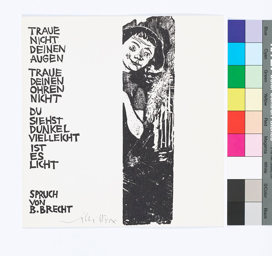 Abstrakte Darstellung einer Frau, die hinter einem weißen Feld hervorkommt. Auf der linken Seite ist ein Text.