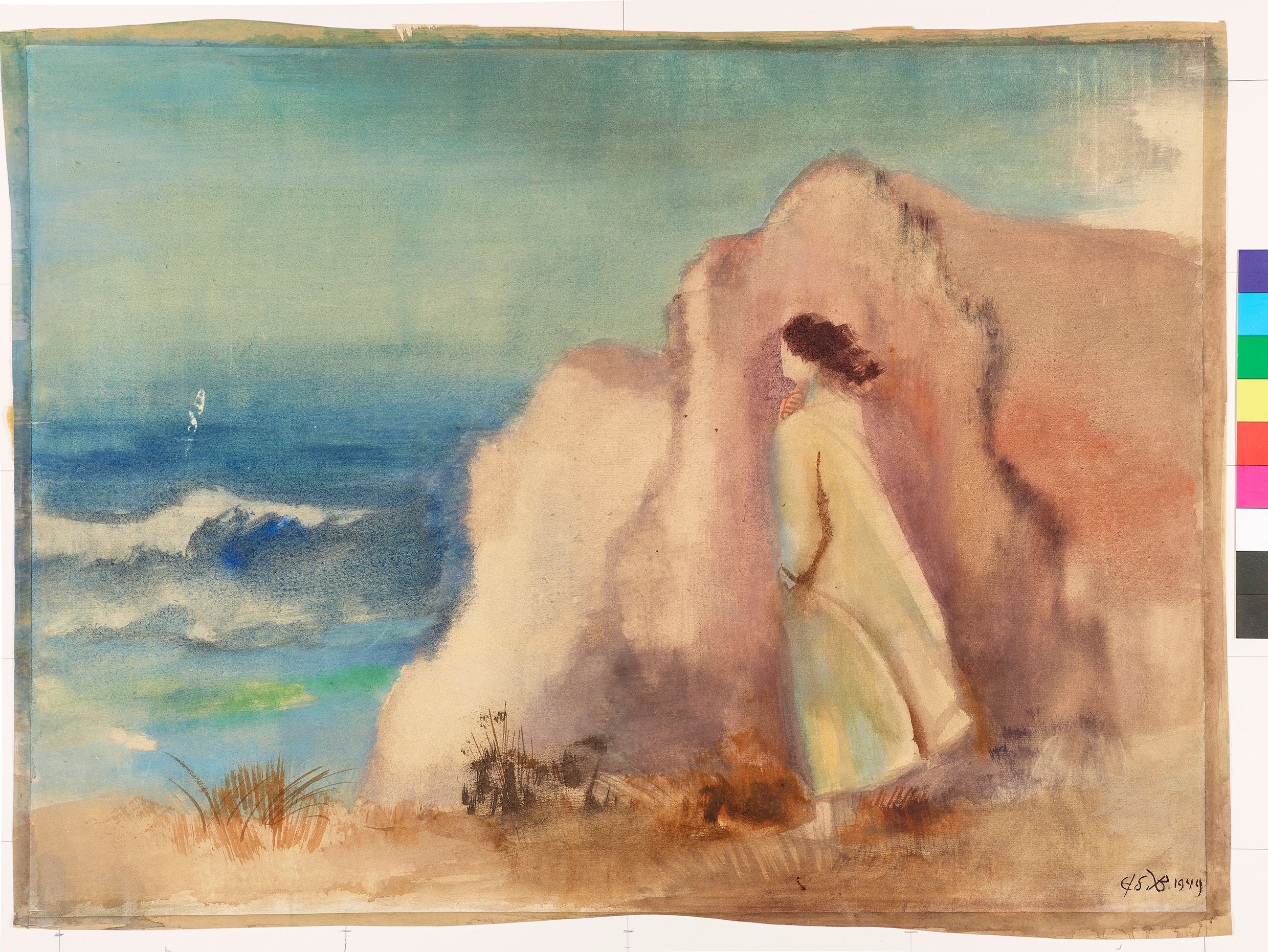 Eine Frau am Meer mit einem langen Kleid. Die Farben sind verblast. 