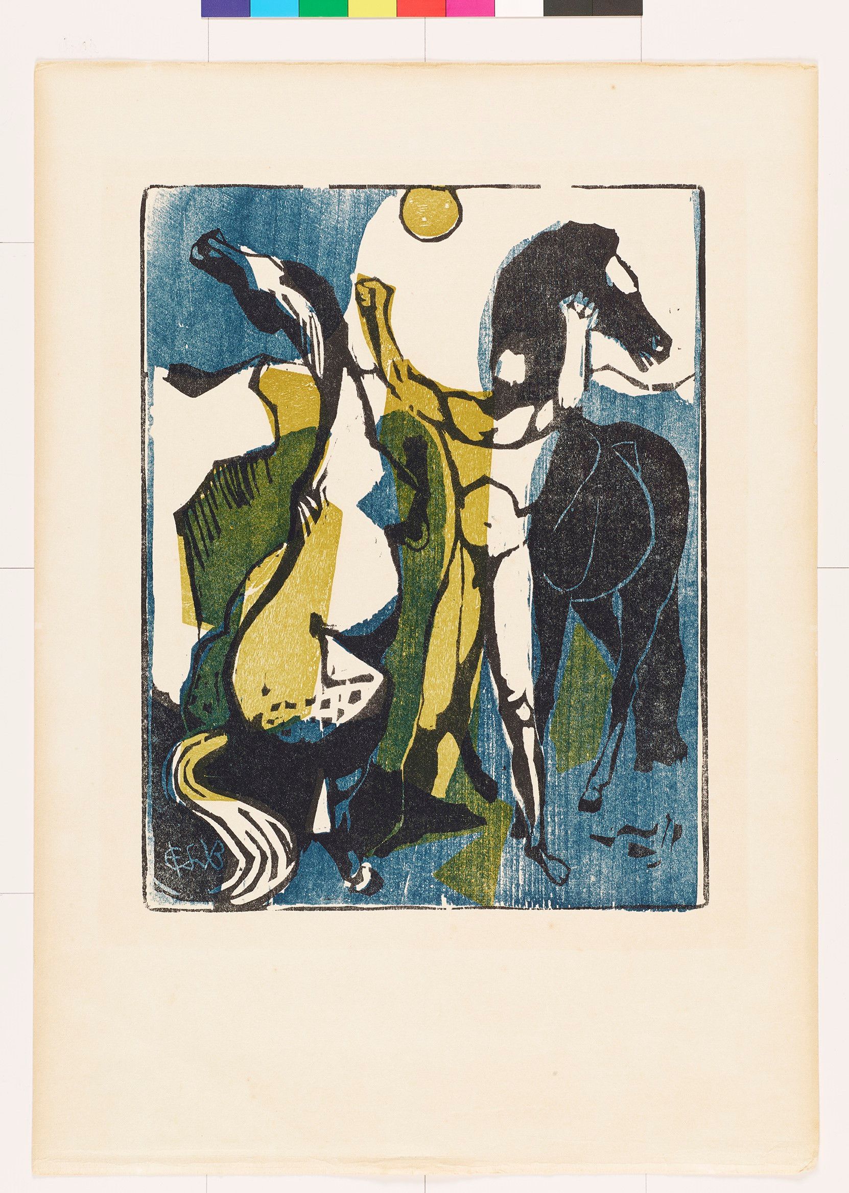 Abstraktes Bildmotiv von einem Mann und zwei Pferden. Der Mann hat beide Fäuste oben und das vordere Pferd steht auf zwei Hufen. 