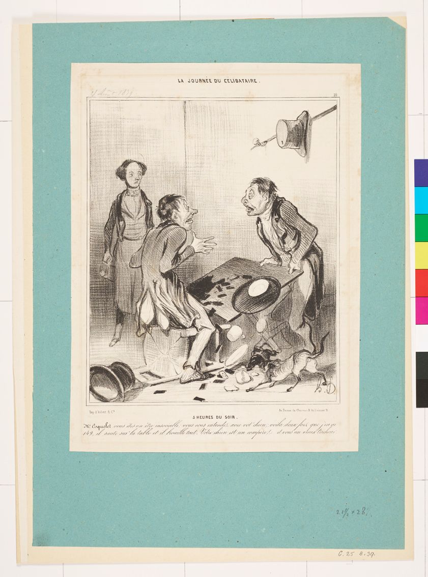 Zeichnung. Drei Männer und ein Hund in einem Raum. Der rechte Mann wirft den Tisch mit Spielkarten um.