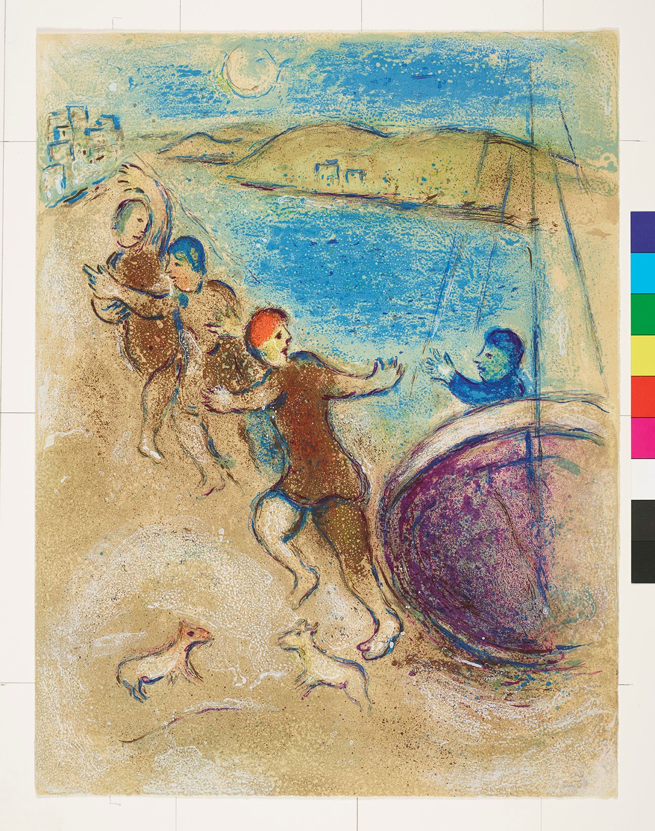 Abstraktes Bildmotiv. Ein Schiff an Land mit einer Person an Bord. Drei weitere Personen an Land. Im Hintergrund ist eine Meereslandschaft und eine Stadtsicht.