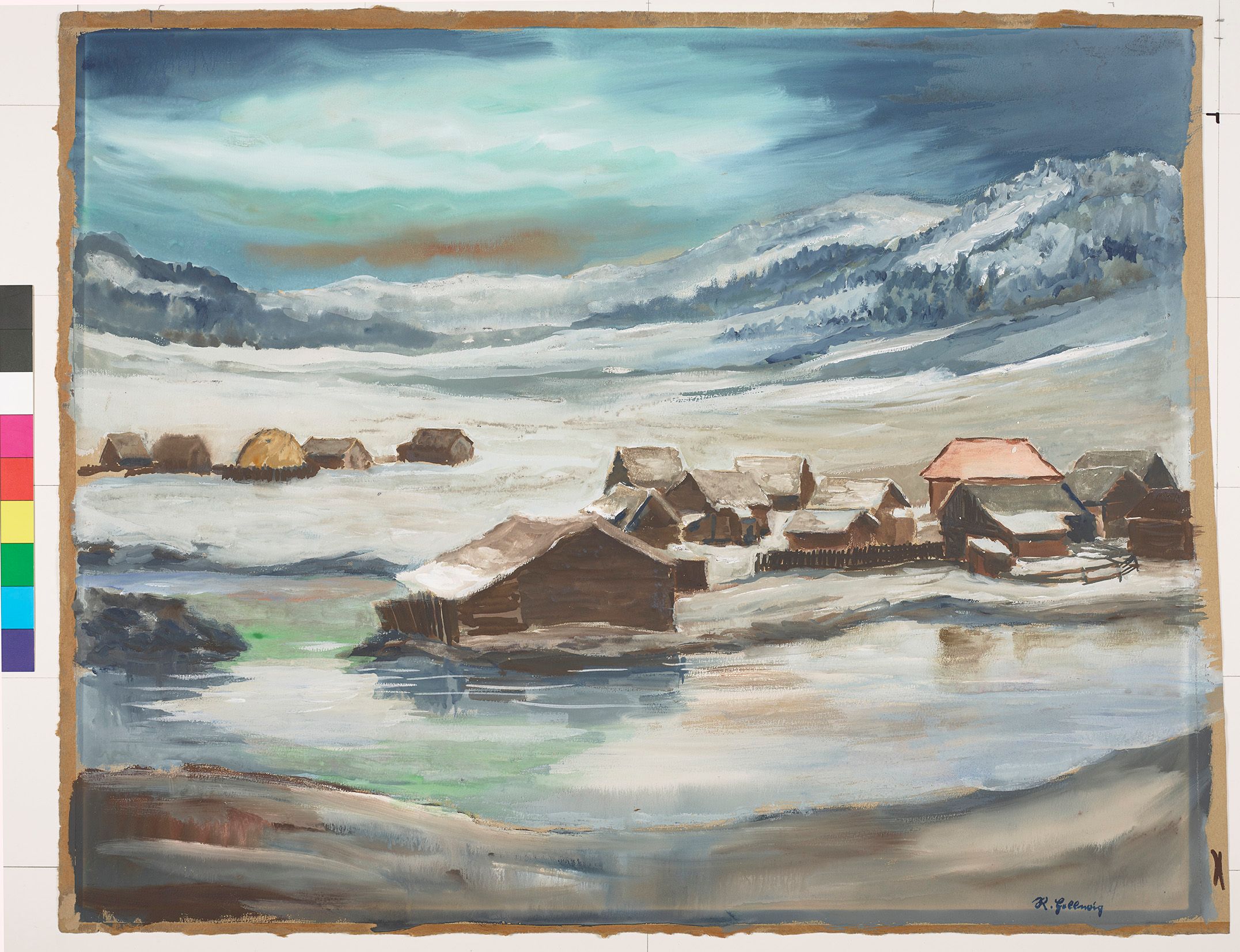 Winterlandschaft mit einem Fluss, kleinen Häusern und verschneiten Bergen im Hintergrund. 