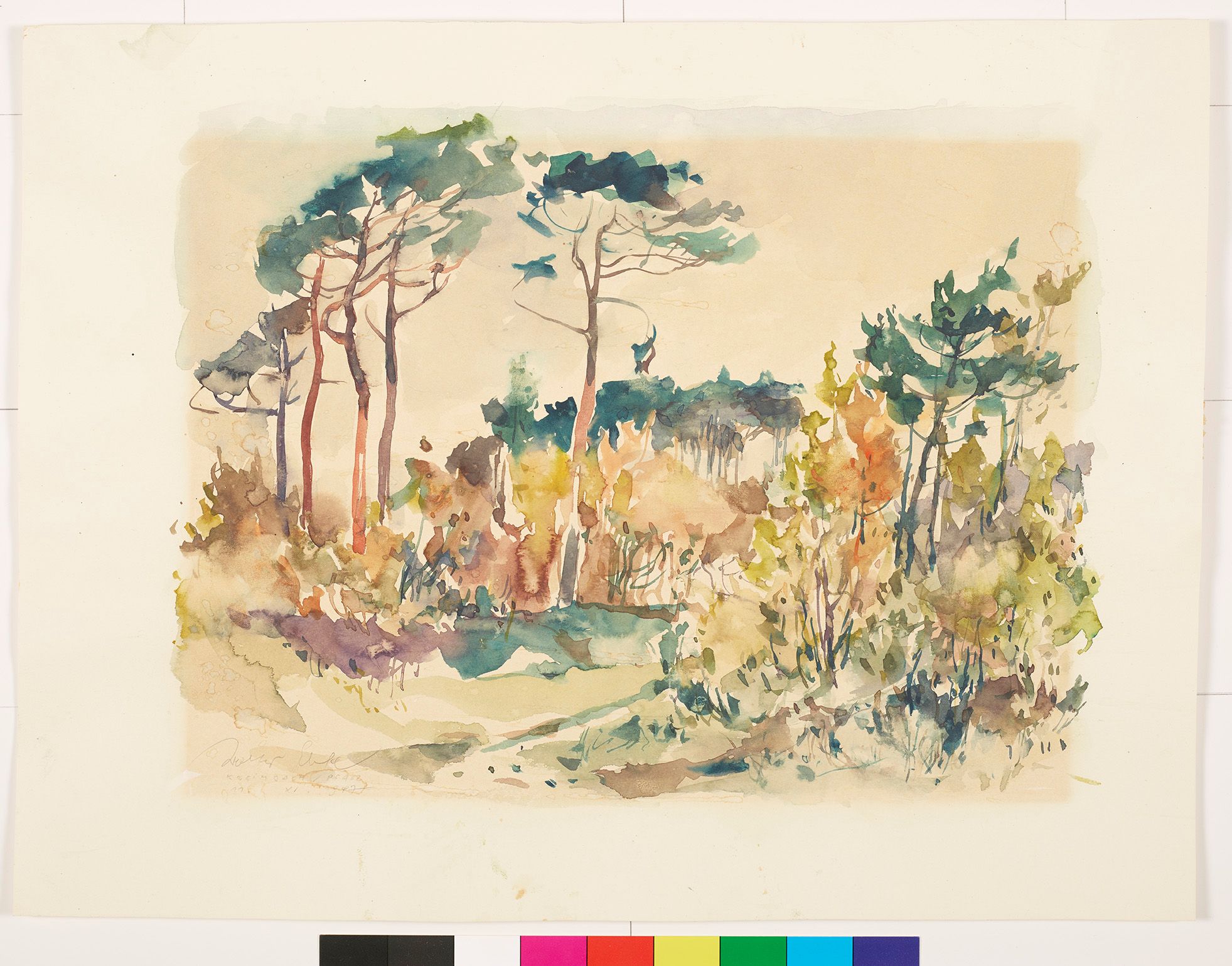 Abstrakte Malerei eines Waldes (Farben: blau, grün, gelb, orange, lila, gelb, braun, rot).