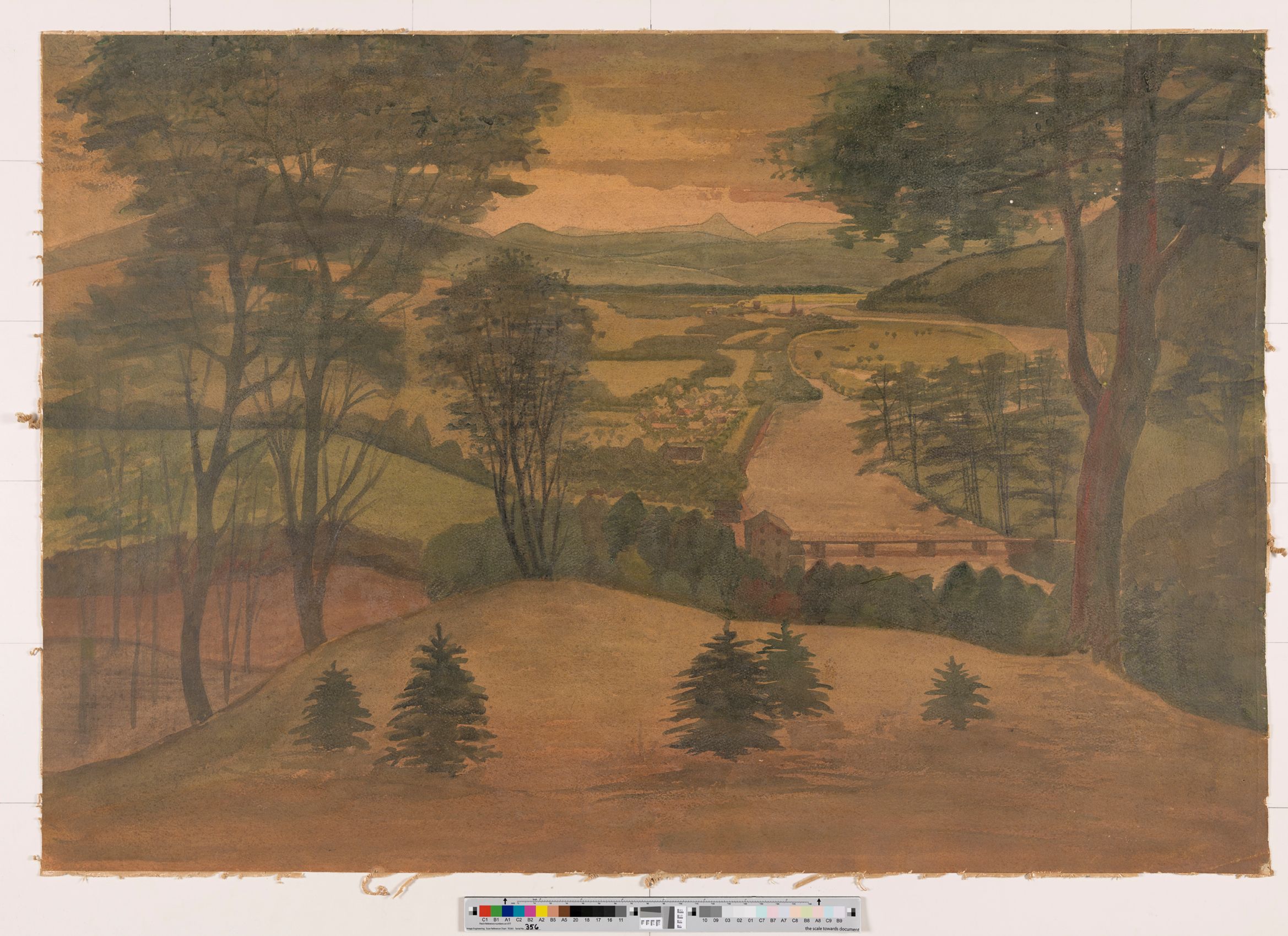 Landschaftsmalerei. Eine große Gartenanlage und ein Fluss in der Ferne. Im Hintergrund sind Berge. 