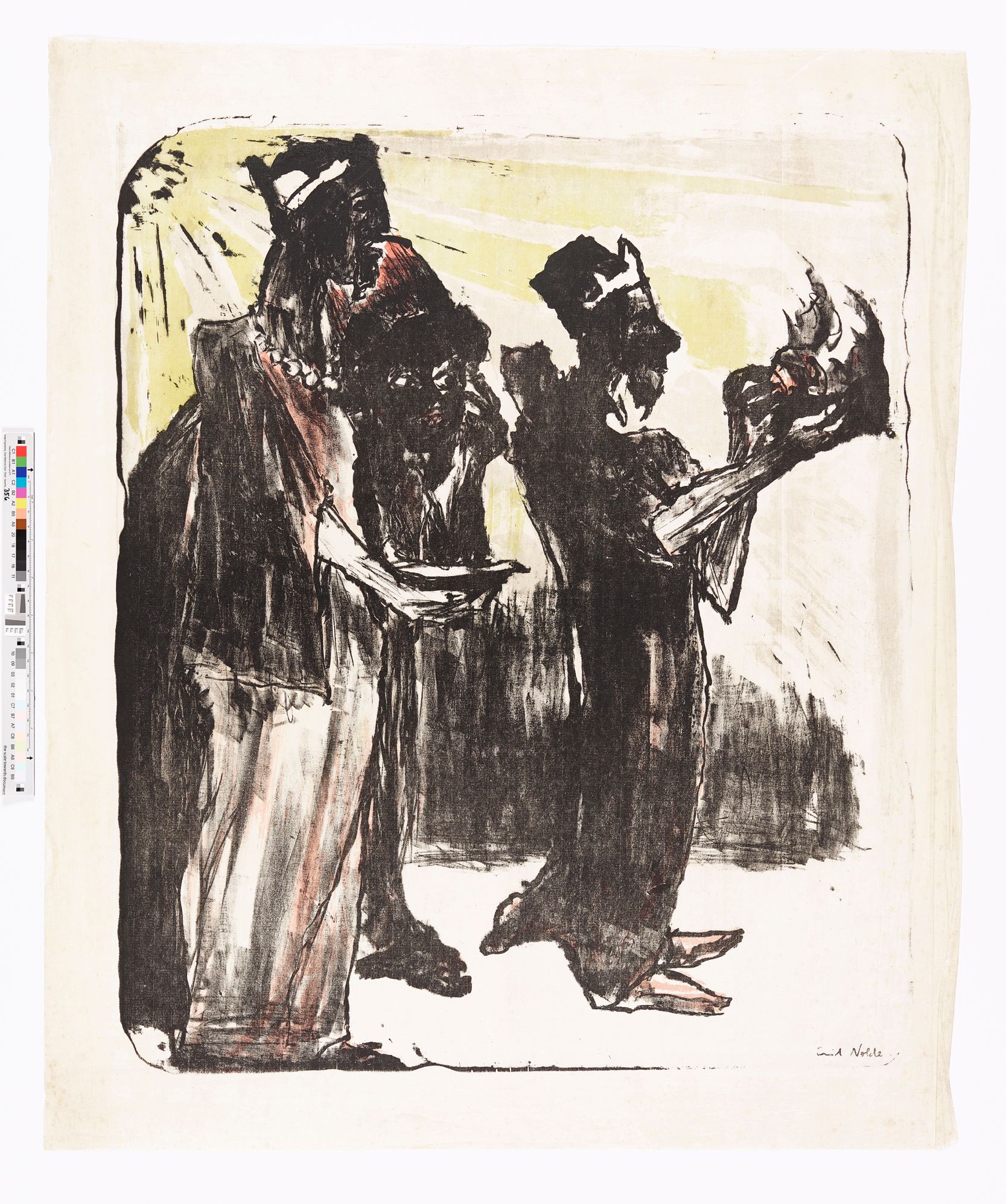 Unter einem aus der oberen linken Ecke strahlenden Licht stehen die heiligen drei Könige nach rechts gewendet und halten Ihre Gaben vor sich.