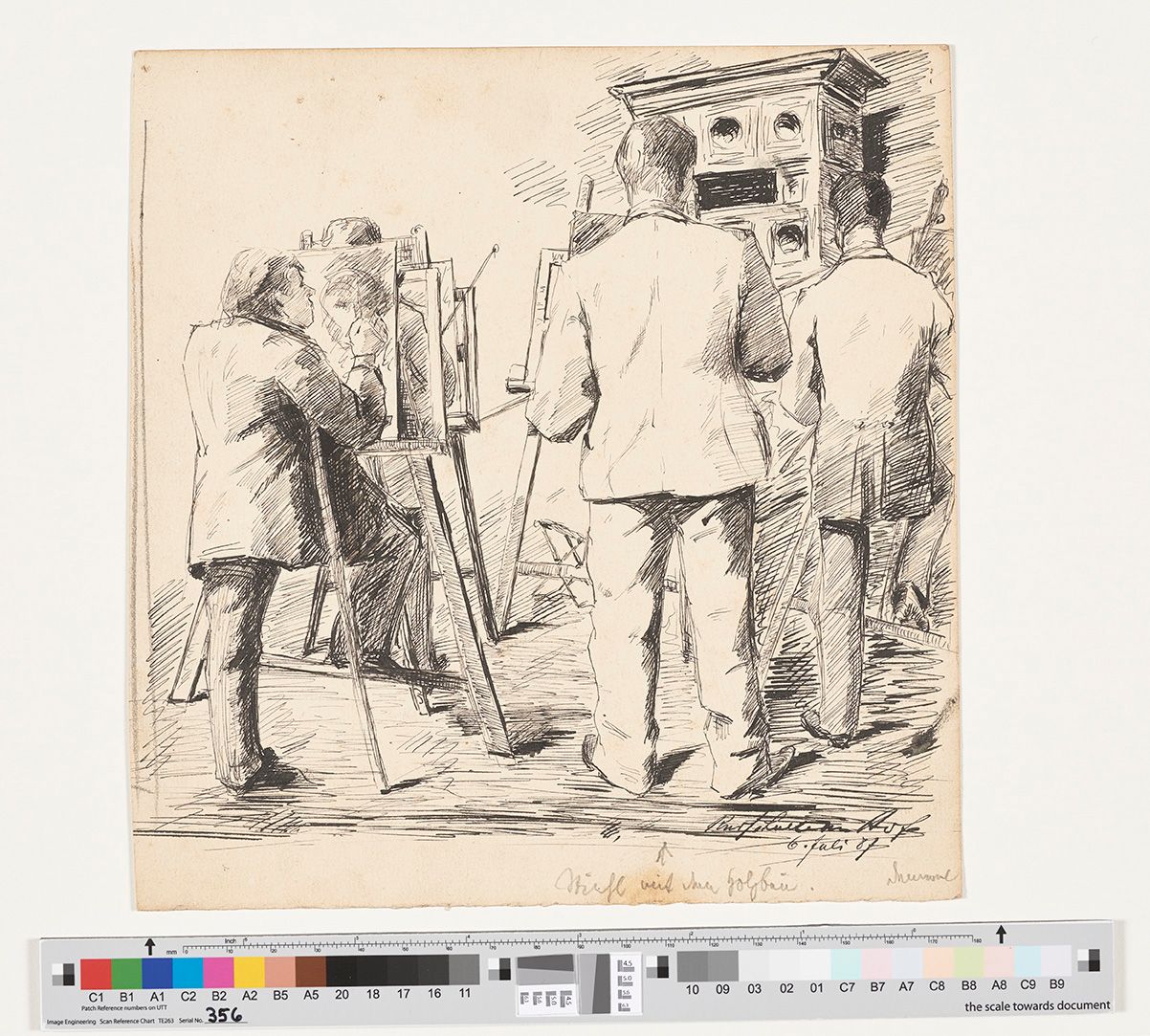 Zeichnung von mehreren Zeichenschülern. Die Schüler stehen vor Staffeleien in einem Atelier. Sie arbeiten alle an ihren Werken.