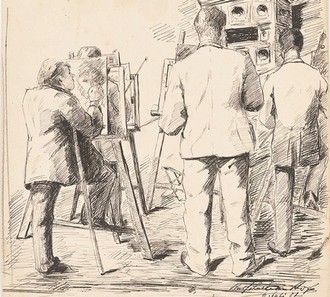 Zeichnung von mehreren Zeichenschülern. Die Schüler stehen vor Staffeleien in einem Atelier. Sie arbeiten alle an ihren Werken.