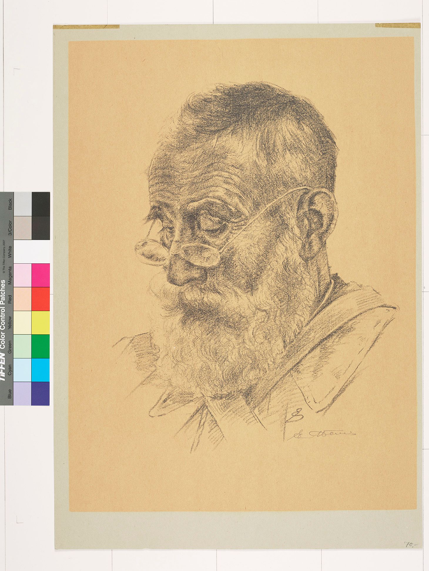 Zeichnung. 3/4 Portraitansicht eines alten Mannes mit Brille und Bart.