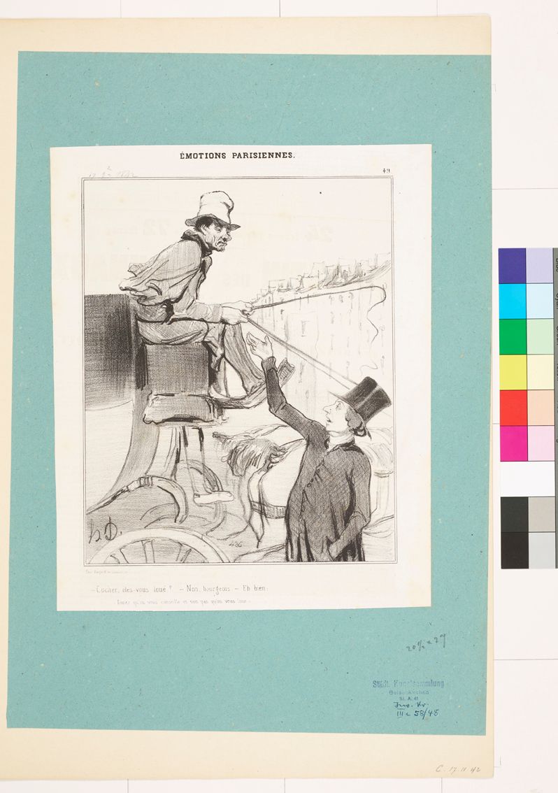 Zeichnung. Ein Kutscher und ein Mann, der ihm die Hand ausstreckt. 