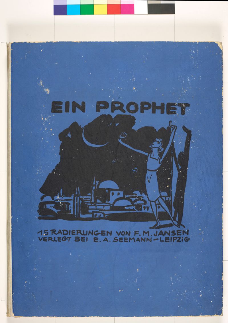 Mappen Cover. Blauer Untergrund mit schwarzer Schrift. Nachthimmel mit einer Frau vor einer Stadtlandschaft.