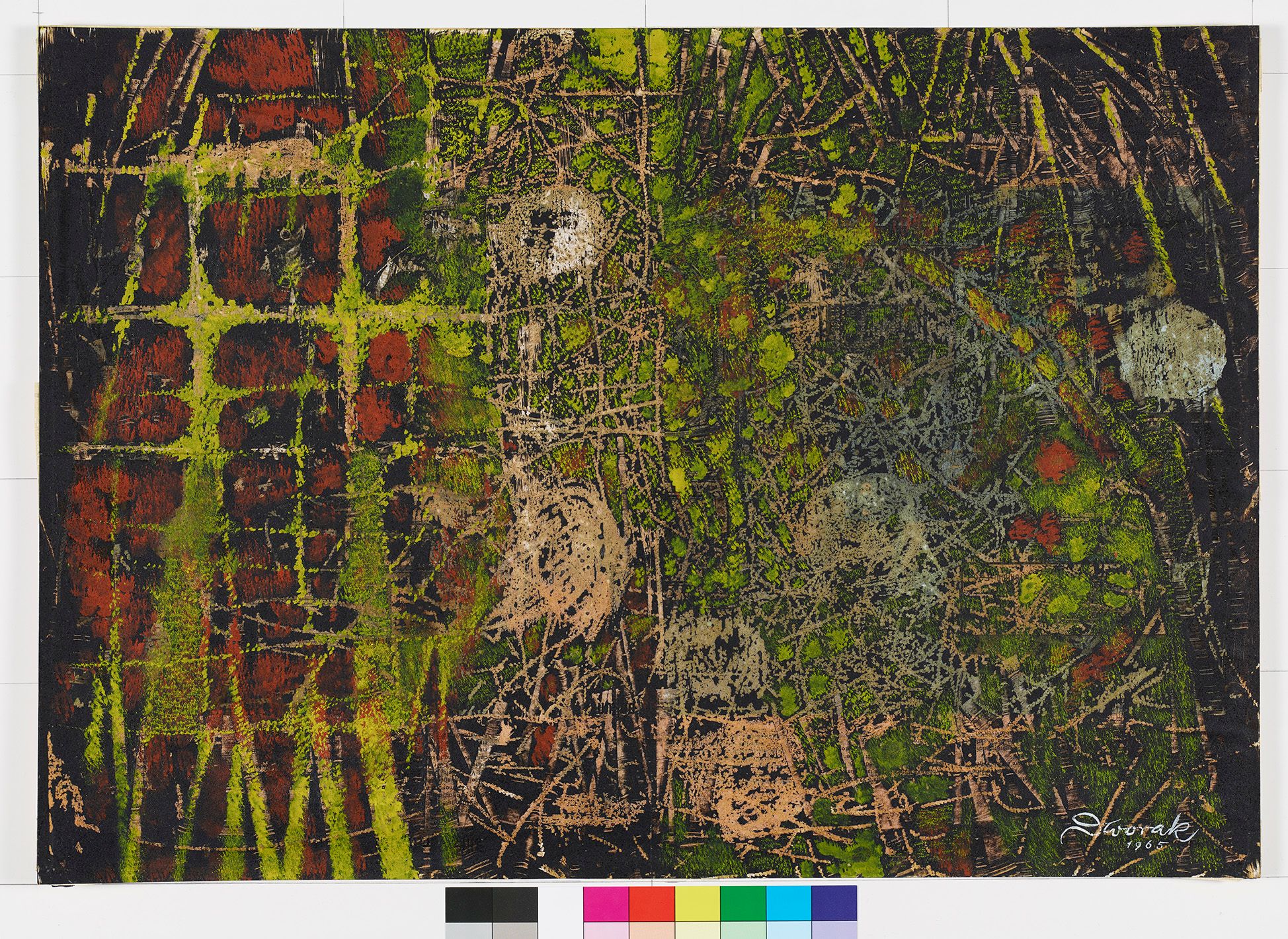 Abstraktes Bildmotiv. Rote, grüne und beige Linien in alle Richtungen, auf schwarzen Untergrund.