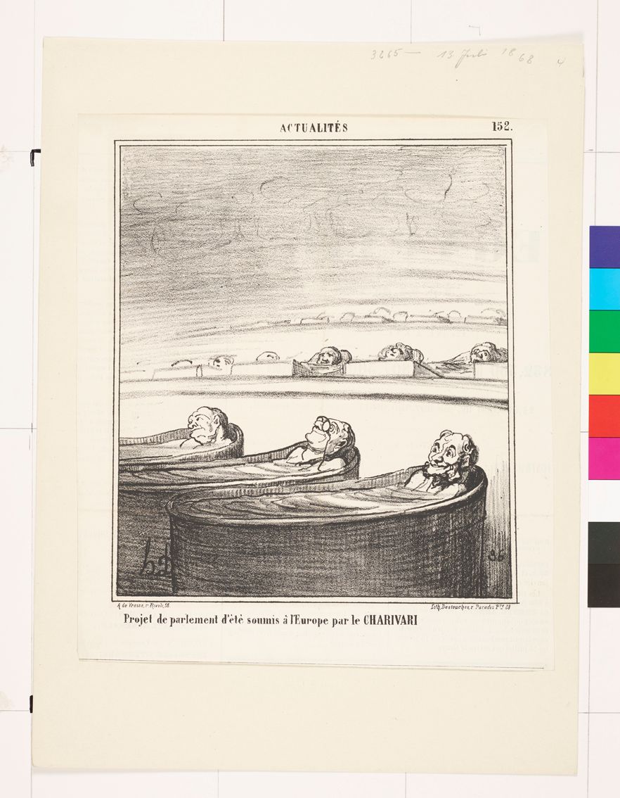 Zeichnung von drei alten Männern in drei Badewannen nebeneinander. Dahinter sind höhere Abstufungen mit weiteren Männern in Badewannen.