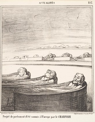 Zeichnung von drei alten Männern in drei Badewannen nebeneinander. Dahinter sind höhere Abstufungen mit weiteren Männern in Badewannen.