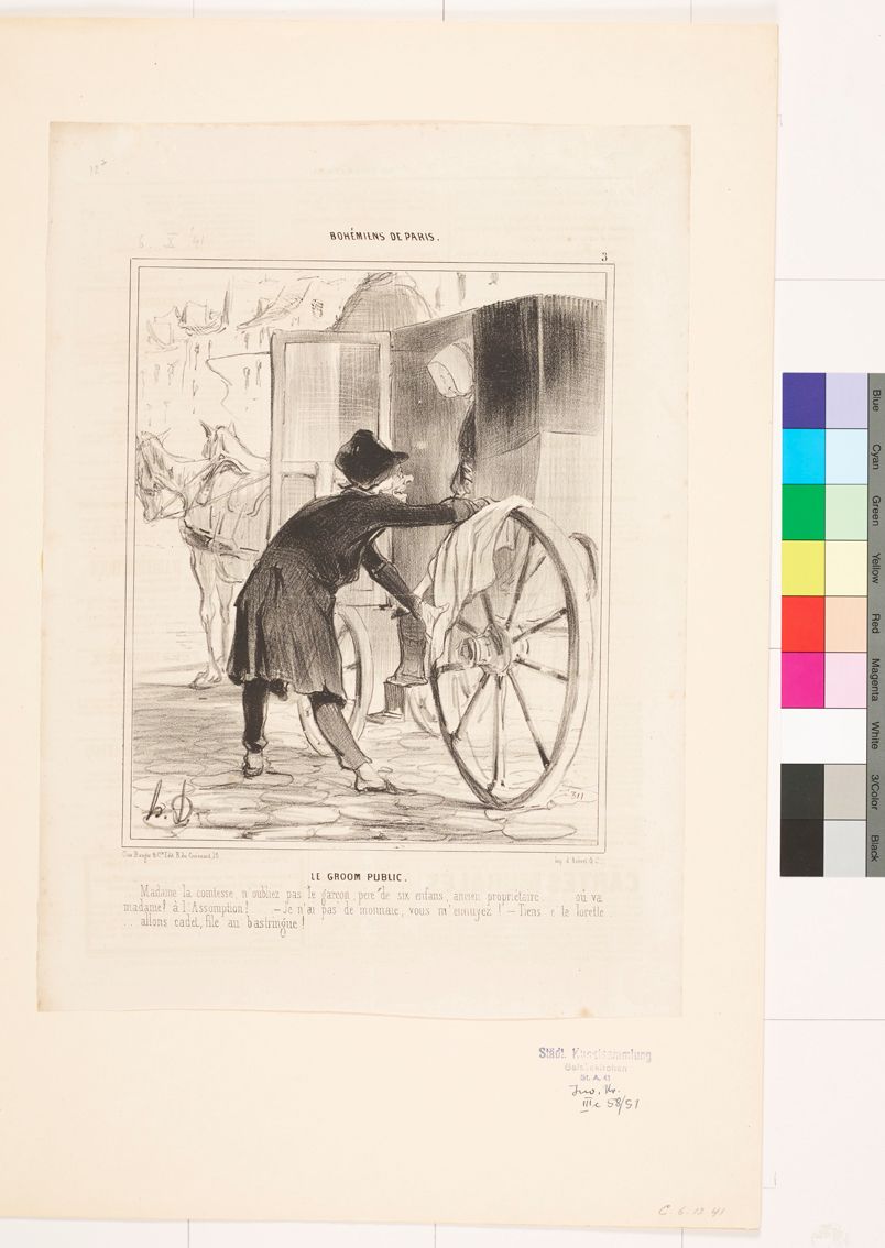 Zeichnung. Ein alter Mann putzt das Rad einer Kutsche. In der Kutsche ist eine Frau.