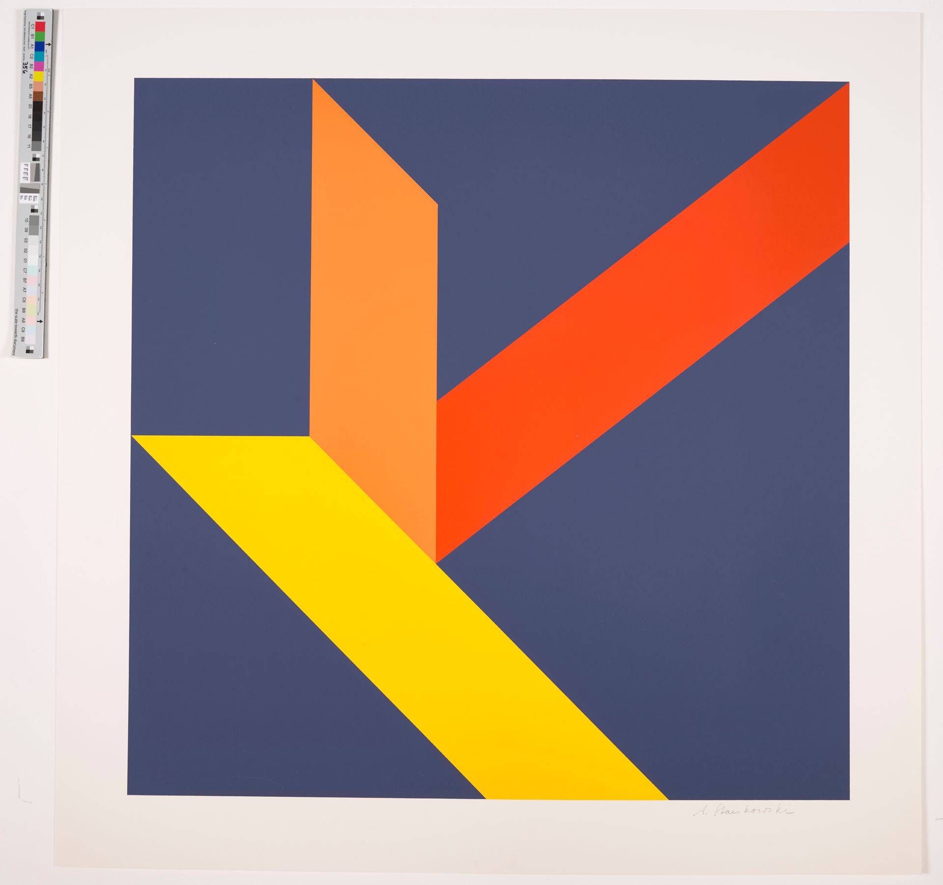 Abstrakte Grafik. Drei geometrische Farbbahnen. Eine rote eine orangene und eine gelbe. 