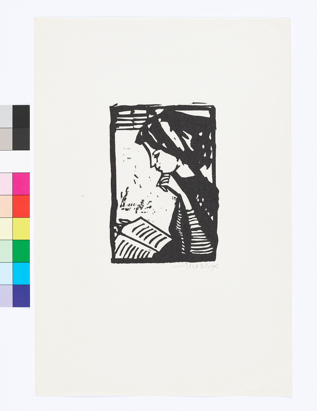 Abstraktes Portrait. Seitenprofil einer Frau mit einem Buch in der Hand. Schwarz-weiß.