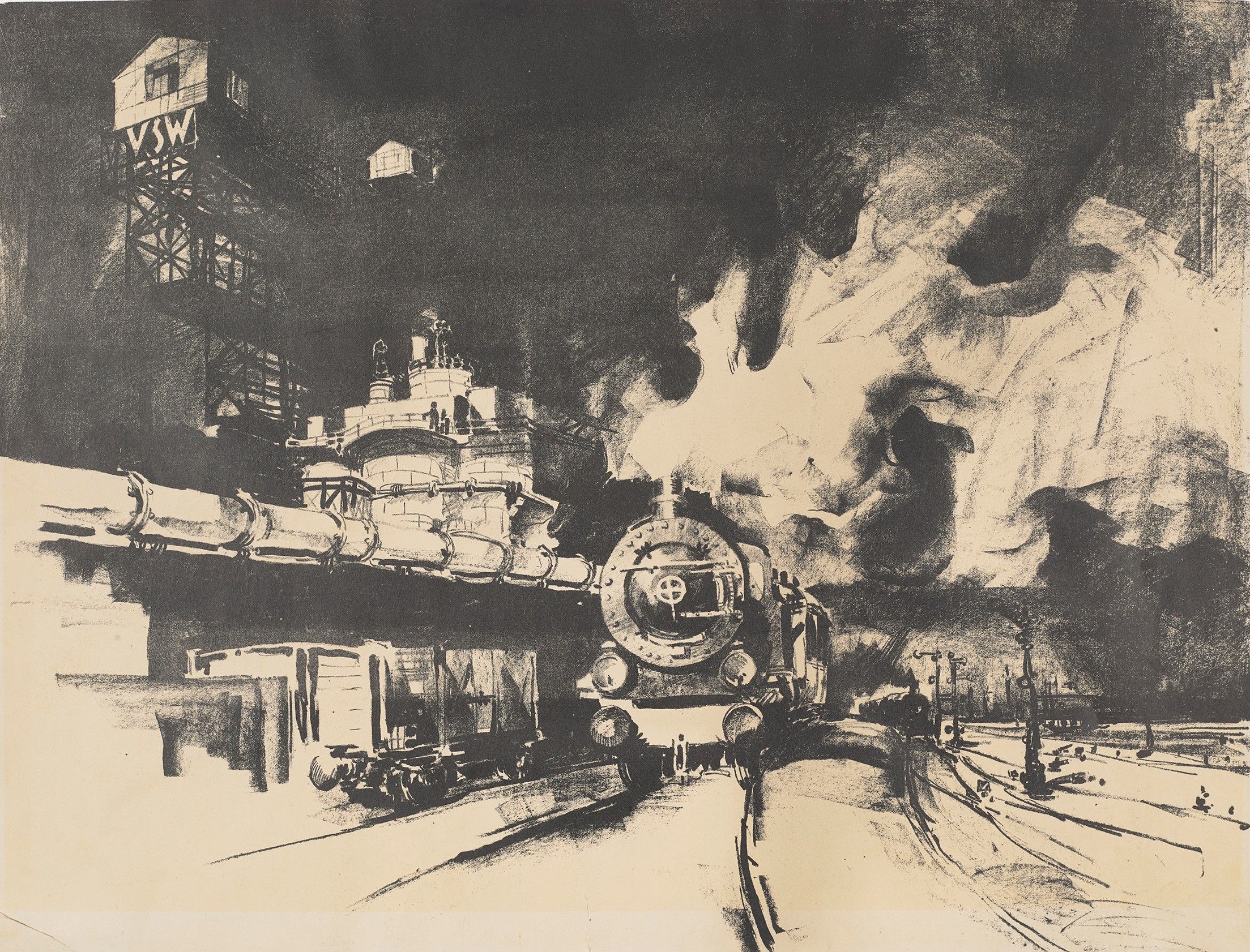 Ein Bahnhof mit einer Lokomotive.