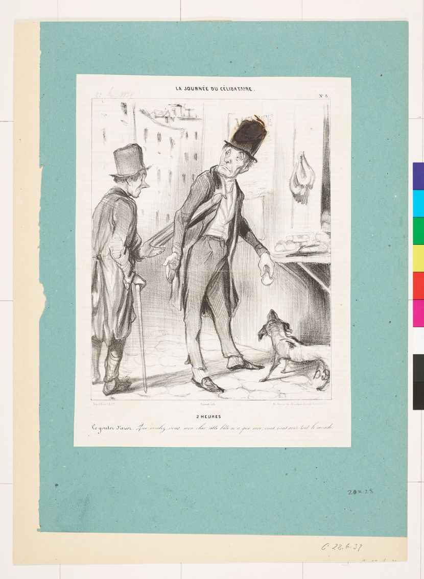 Zeichnung. Zwei fein gekleidete Männer schauen sich an. Der rechte Mann füttert seinen Hund vom Tresen. 