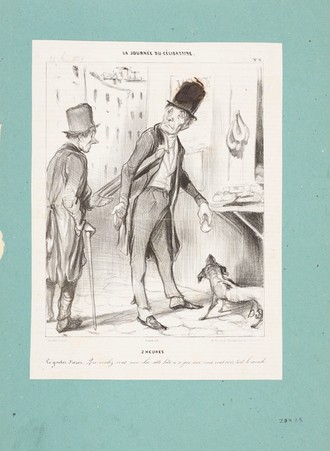 Zeichnung. Zwei fein gekleidete Männer schauen sich an. Der rechte Mann füttert seinen Hund vom Tresen. 