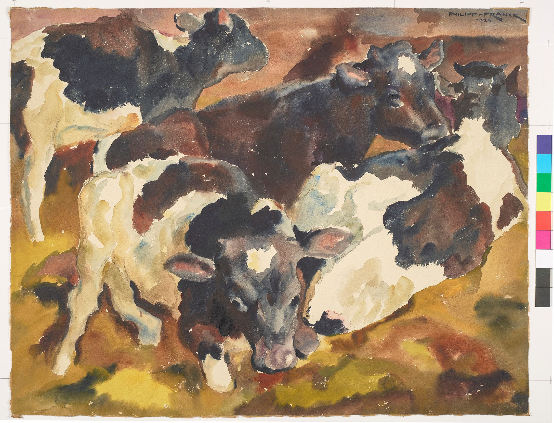 Abstrakte Darstellung von vier Kühen.