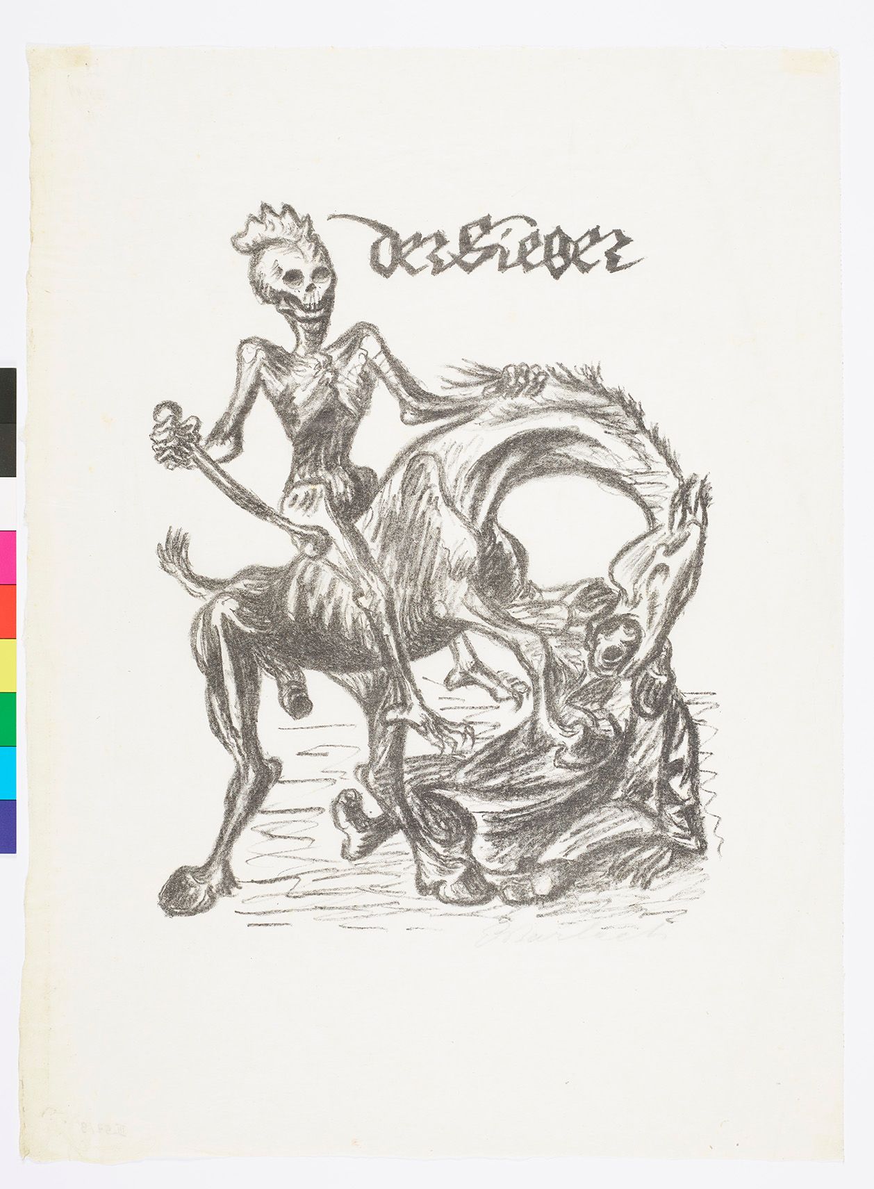 Ein Skelett reitet auf einem Skelett Pferd. Das Pferd greift eine weitere Figur an.