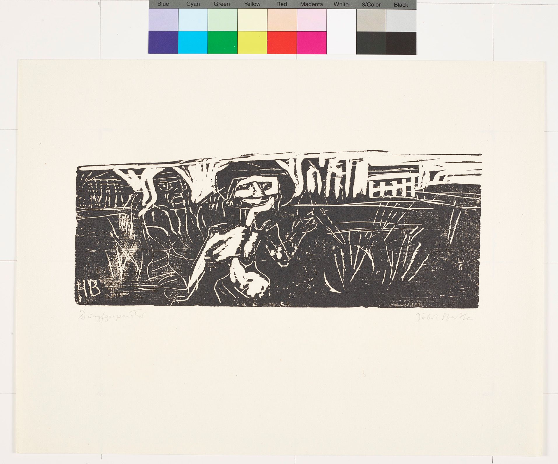 Abstraktes Bildmotiv. Winkende Frau mit undeutlichen Formen im Hintergrund. 