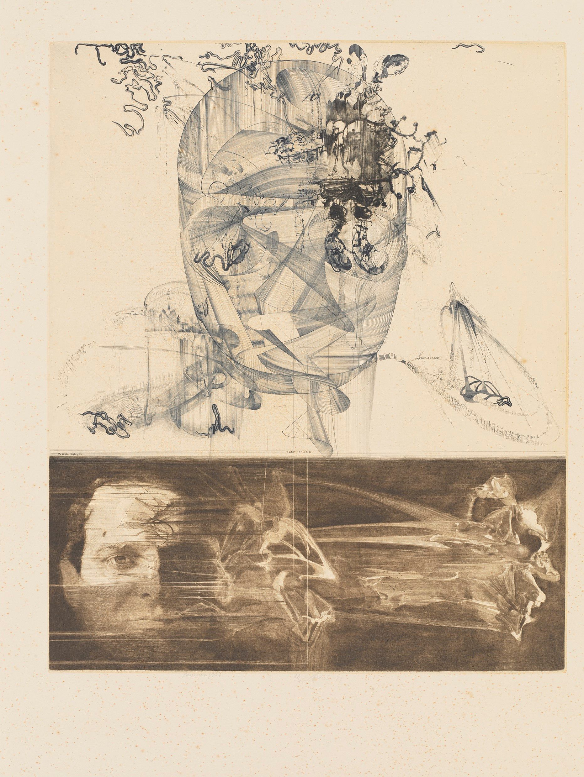 Abstraktes Bildmotiv. Vertikale Aufteilung. Eine Kopffigur mit abstrakten Zeichnungen. Unten ein verschwommenes Portrait eines Mannes.