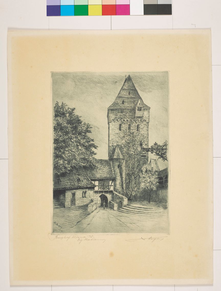 Radierung. Ein Haus am Waldrand und ein Turm (Schwarz-Weiß).