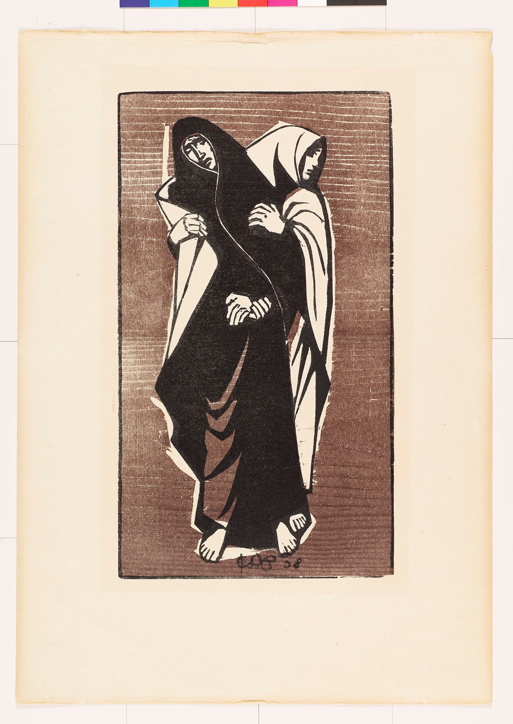 Abstraktes Bildmotiv von zwei Personen in einem schwarzen und weißen Mantel. Die Hintere Person hält die vordere Person in den Armen. 