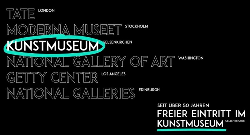 vor schwarzem Hintergrund eine Auflistung von Museen mit freien Eintritt. Dabei das Tate in London, die National Galleries in Edinburgh und das Kunstmuseum Gelsenkirchen. 