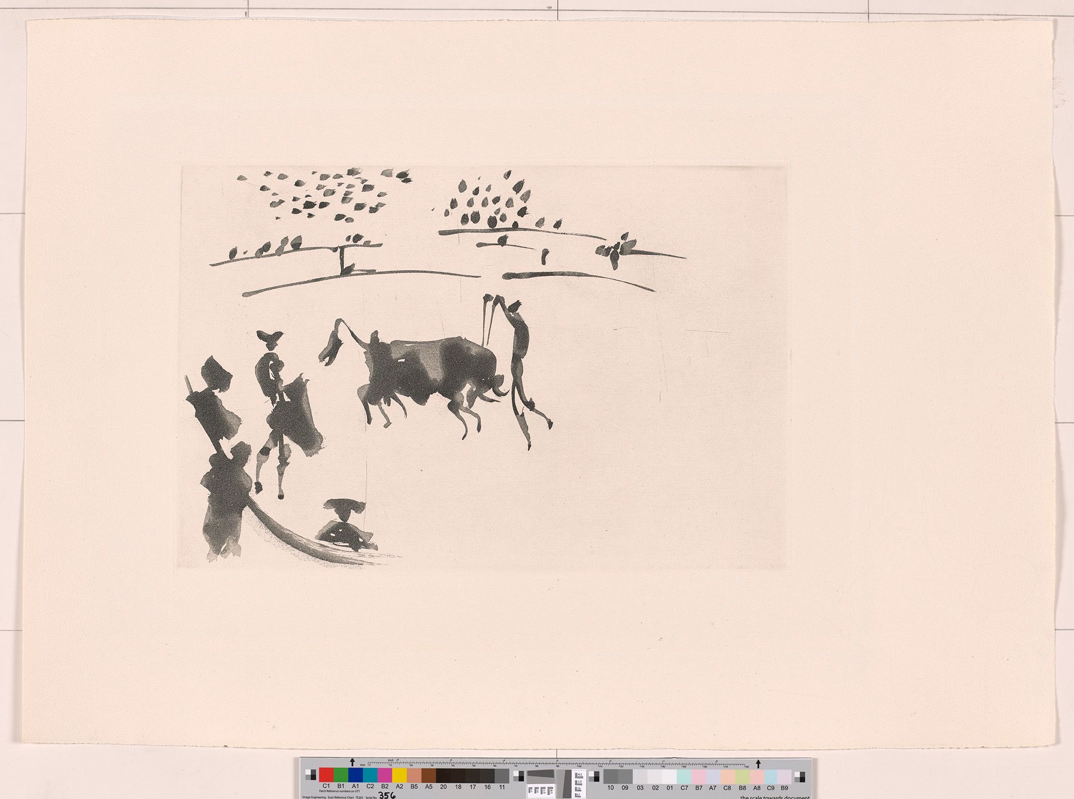 Abstrakte Skizze eines Stierkampfes in einer Arena. Mehrere Personen stehen mit einem Stier in einer Arena. Dem Stier werden gerade Banderillas in den Nacken gestochen.