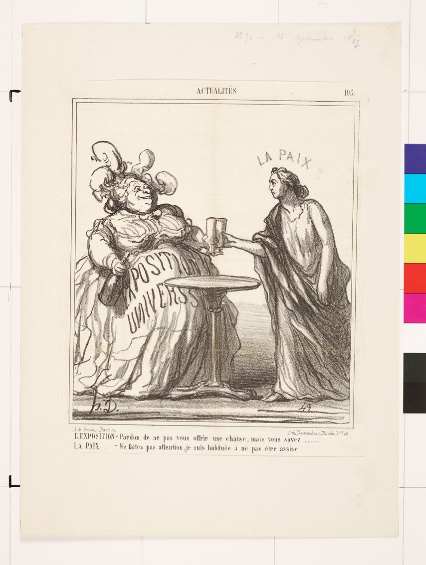 Zeichnung von zwei Frauen beim Anstoßen. Die Linke Frau ist eine dicke Frau mit einem barocken Kleid. Die rechte Frau trägt ein antikes Gewand.