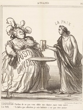 Zeichnung von zwei Frauen beim Anstoßen. Die Linke Frau ist eine dicke Frau mit einem barocken Kleid. Die rechte Frau trägt ein antikes Gewand.