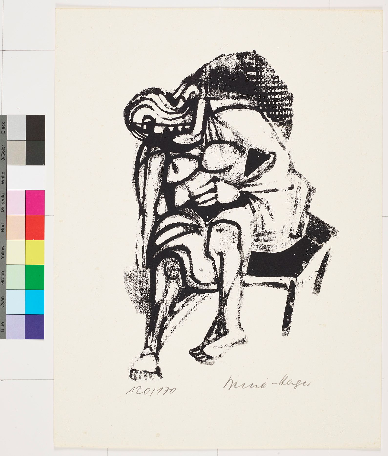 Abstraktes Bildmotiv. Zeichnung einer sitzenden Frau, die sich bückt.